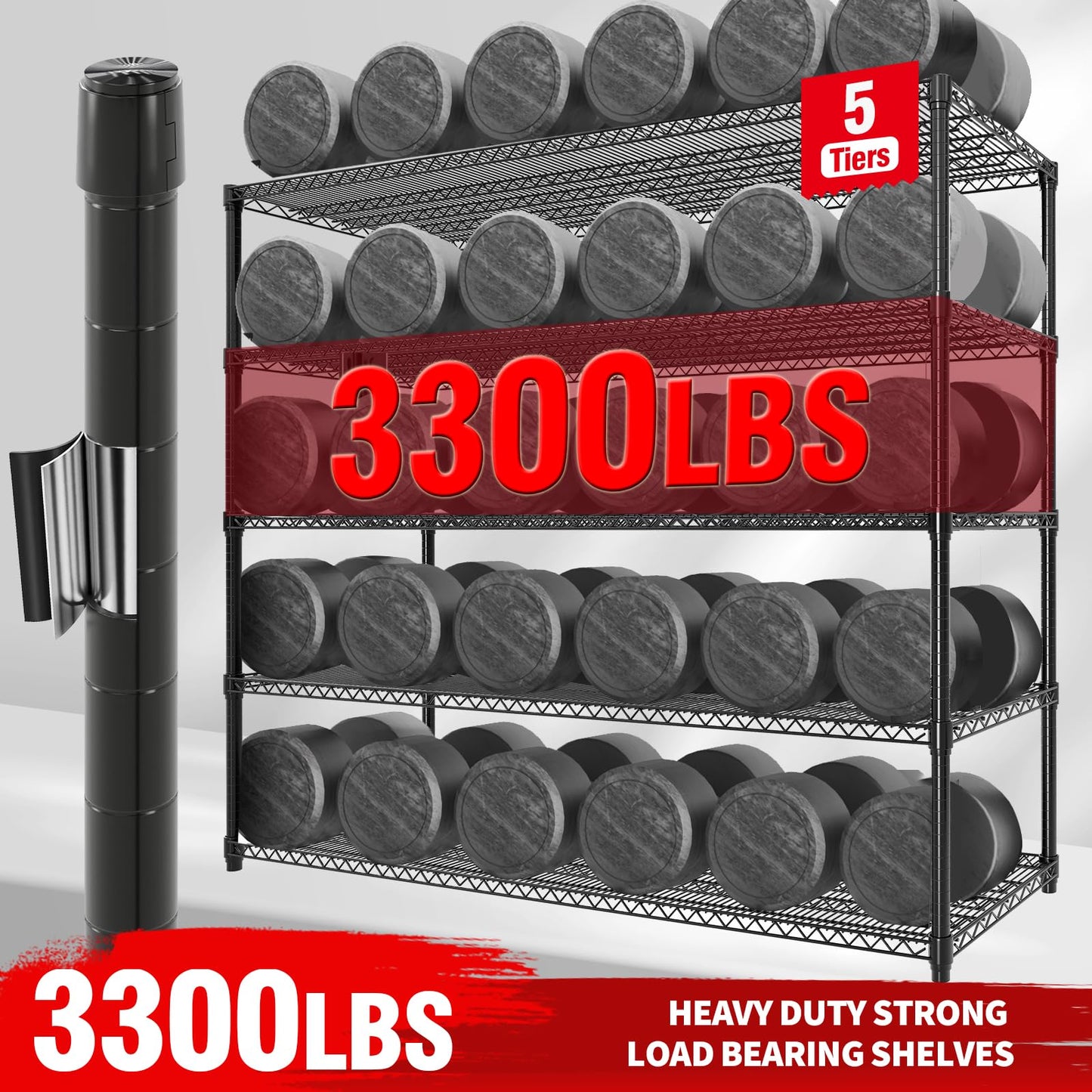 GAOMON 59" W Storage Shelves 82.6" H Heavy Duty Garage Shelving Units with Wheels, 5-Tiers Wire Shelving Rack Metal Storage Shelves for Garage Pantry Kitchen Commercial Industrial, 3300LBS Capacity