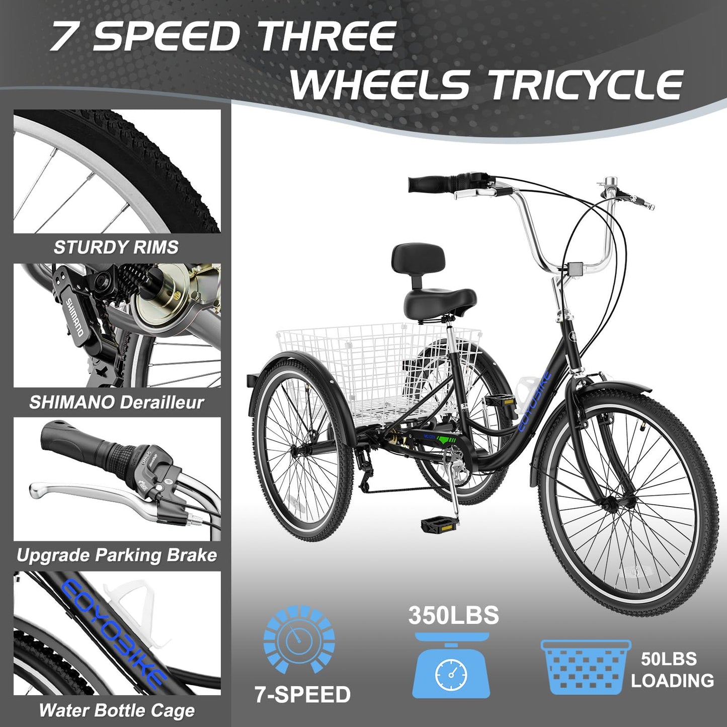 EOYOBIKE Adult Tricycle 3-Wheel Cruiser Bike, Low Step-Through Frame, Large Rear Basket, Heavy-Duty Comfort Bicycle with Adjustable Handlebar & Spring Saddle, 24/26 Inch Wheels for Seniors & Adults