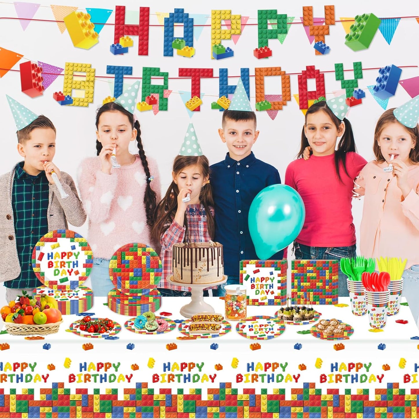 177 25 LINHAXM Pcs Building Block Birthday Party Supplies, Colorful Plates, Napkins, Cups, Tablecloth, Banner for Boys