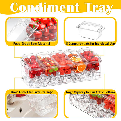 ARSTPEOE Condiment Tray, Chilled Condiment Server for Home, Party, Celebration, Bar Garnish Holder on Ice, Bar Accessories Fruit and Salad with Removable Trays and Lids (5 Spoons & 2 Tongs)