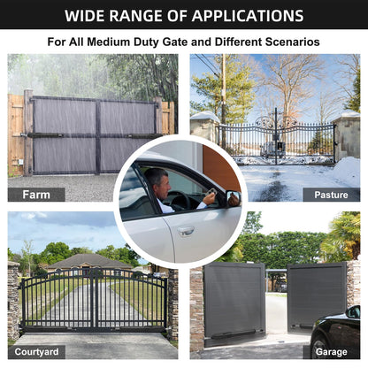 JUJIANG C026 Solar Gate Opener with Batteries & Solar Panel for Dual Swing Gates Up to 1540lb Automatic Gate Opener with Remote Complete Kit Medium Duty Electric Gate Opener Solar Powered 60W Motor