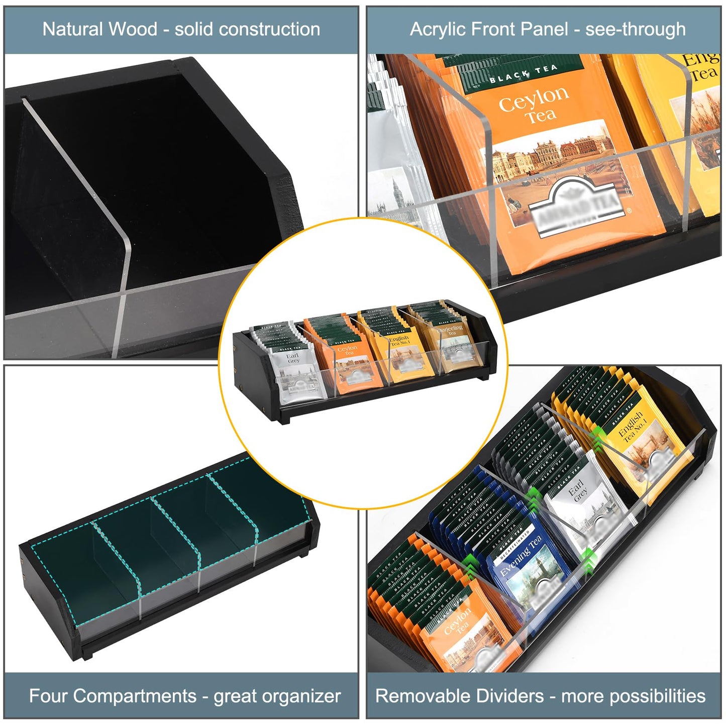 Tea Bag Holder Organizer Box with 4 Compartments, Pine Wood and Acrylic, 13.5 x 4.9 x 3.1 inches for Drawer, Cabinet, Countertop, Tea Tray (Black)