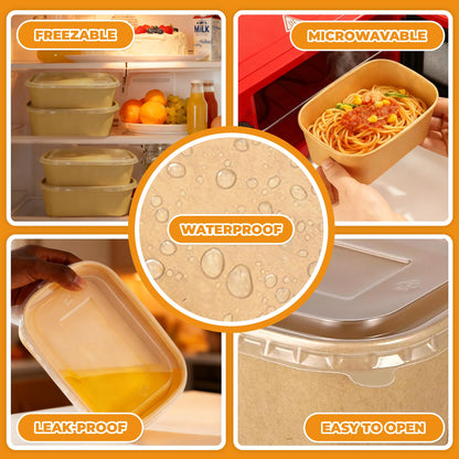 Kaderron 50 Pack 32 OZ Large Paper Bowls with Lids【with Spoons and Forks】, Heavy Duty Disposable Meal Prep Containers for Party, Disposable Bowls Bulk Soak-Proof and Microwave Safe for Hot/Cold Use