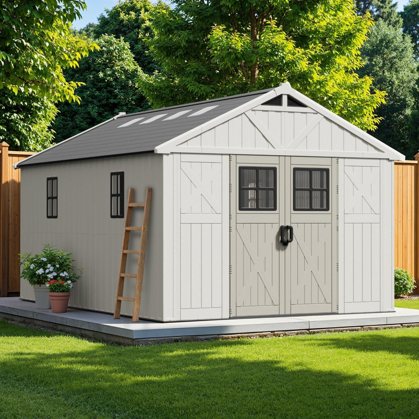 Patiowell 10 x 14 FT Outdoor Storage Shed, Plastic Shed with Floor and Skylight, Resin Storage Shed with Four-Window and Lockable Door for Garden, Patio, Backyard, Beige