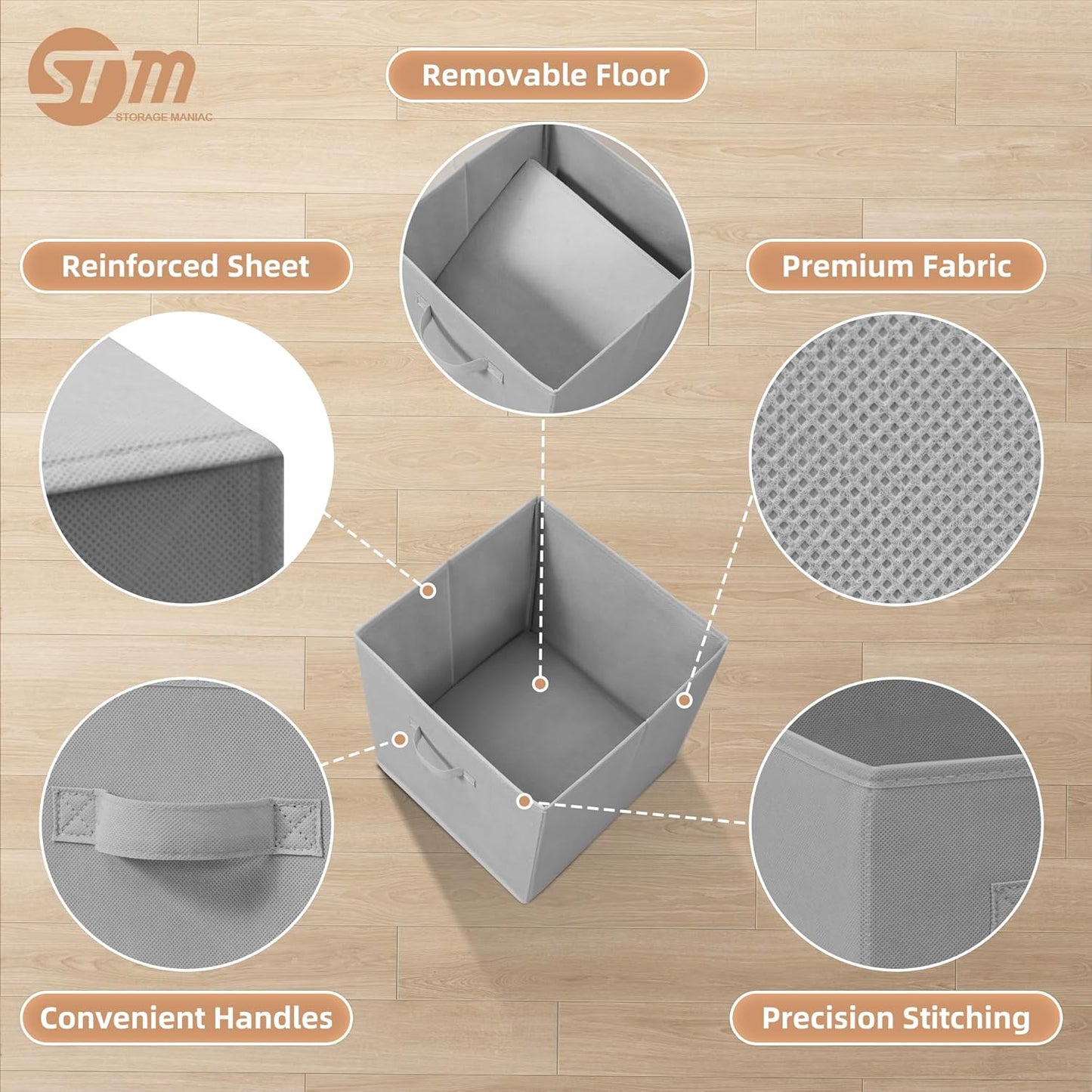 Storage Maniac Storage Cubes - 13-Inch Collapsible Bins with Handles | 10-Pack Grey Fabric Organizers