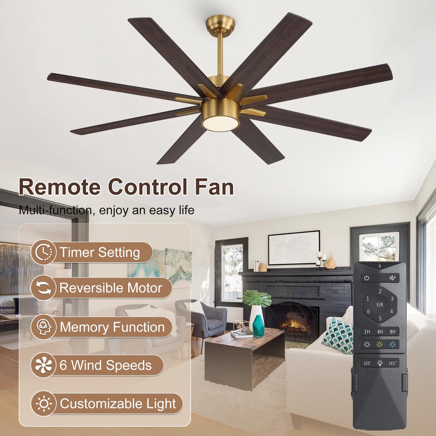 WINGBO 64 Inch Ceiling Fan with Light - 8 Plywood Blades, 6-Speed Reversible DC Motor, Noiseless Remote Control Ceiling Fans with Lights for Bedroom Living Room Kitchen, Gold and Walnut/Black