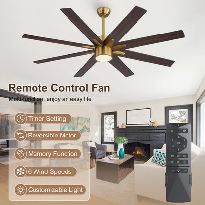 WINGBO 64 Inch Ceiling Fan with Light - 8 Plywood Blades, 6-Speed Reversible DC Motor, Noiseless Remote Control Ceiling Fans with Lights for Bedroom Living Room Kitchen, Gold and Walnut/Black