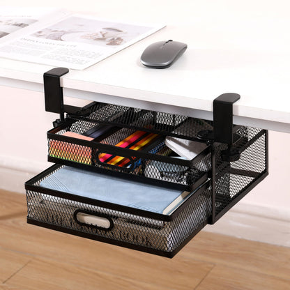 ROLIZOE Sliding Under Desk Drawer Organizer No Drilling 2 Drawers Slide Out Desktop Or Under Table Storage Metal Clamp On Desk Drawer Attachment Anti-Slip Under Desk Organizer for Home & Office