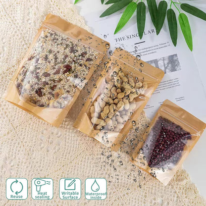 100 PCS Stand Up Pouches, 4 x 6 inch Kraft Paper Food Bags with Clear Window, Reusable Ziplock Storage Bags for Foods