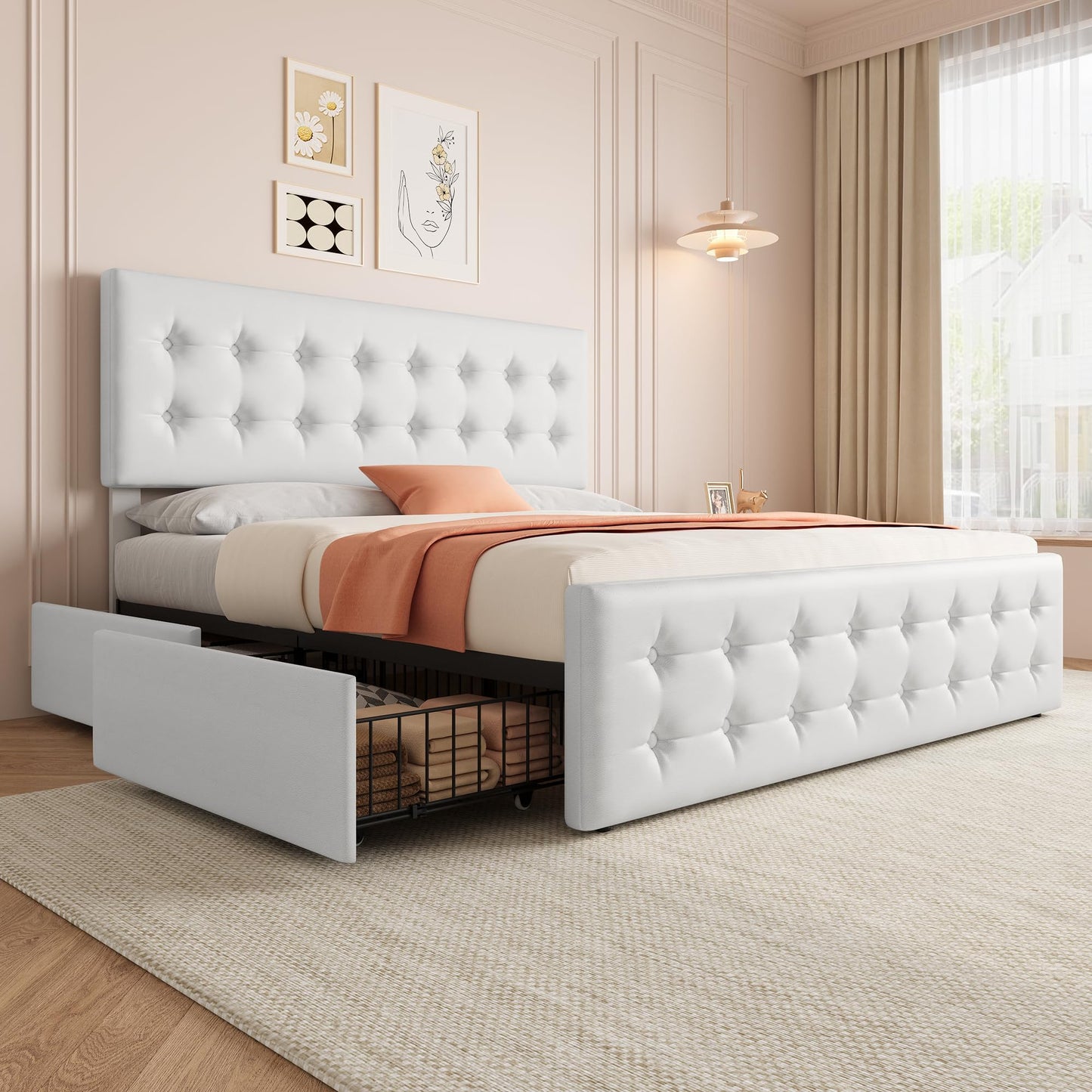GarveeHome King Size Bed Frame with 4 Storage Drawers and Faux Leather Upholstered Headboard, Wooden Slats Support, Button Tufted Design, No Box Spring Needed, White
