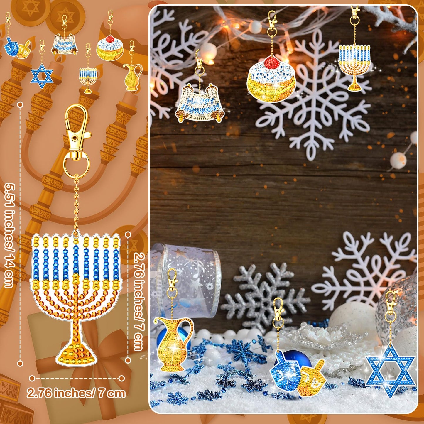DEEKIN 30 Pcs Hanukkah Diamond Painting Keychains Hanukkah Crafts Ornaments Keychains Double Sided 5D Star Menorah Diamond Key Rings for Hanukkah DIY Birthday Party Supplies Favors