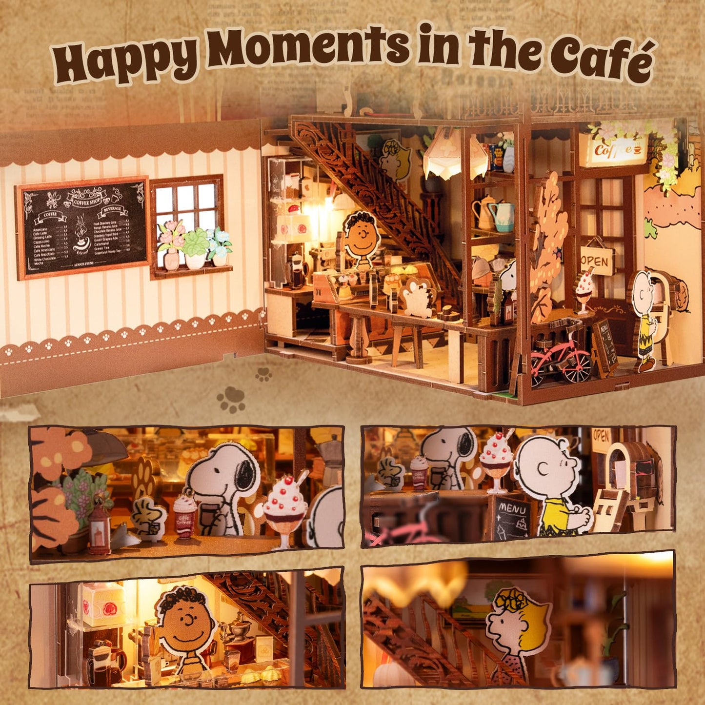 puremind Snoopy Peanuts Book Nook Kit, 9.3" 3D Wooden Puzzle DIY Miniature Kit with LED Lights, Book Cafe Bookshelf Insert Diorama Gift for Adults and Snoopy Fans