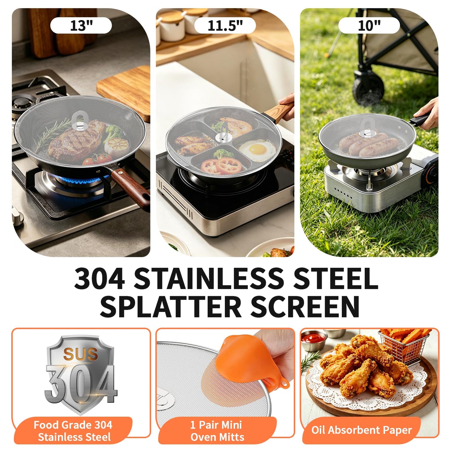 SHAOKAOLU Splatter Screen for Frying Pan Set, 3 Pack (10", 11.5", 13") Stainless Steel Grease Splatter Guard with Foldable Handle, Fine Mesh Oil Splash Screen with Silicone Oven Mitts, Dishwasher Safe