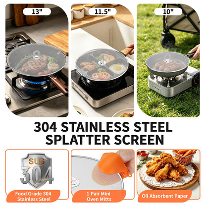 SHAOKAOLU Splatter Screen for Frying Pan Set, 3 Pack (10", 11.5", 13") Stainless Steel Grease Splatter Guard with Foldable Handle, Fine Mesh Oil Splash Screen with Silicone Oven Mitts, Dishwasher Safe