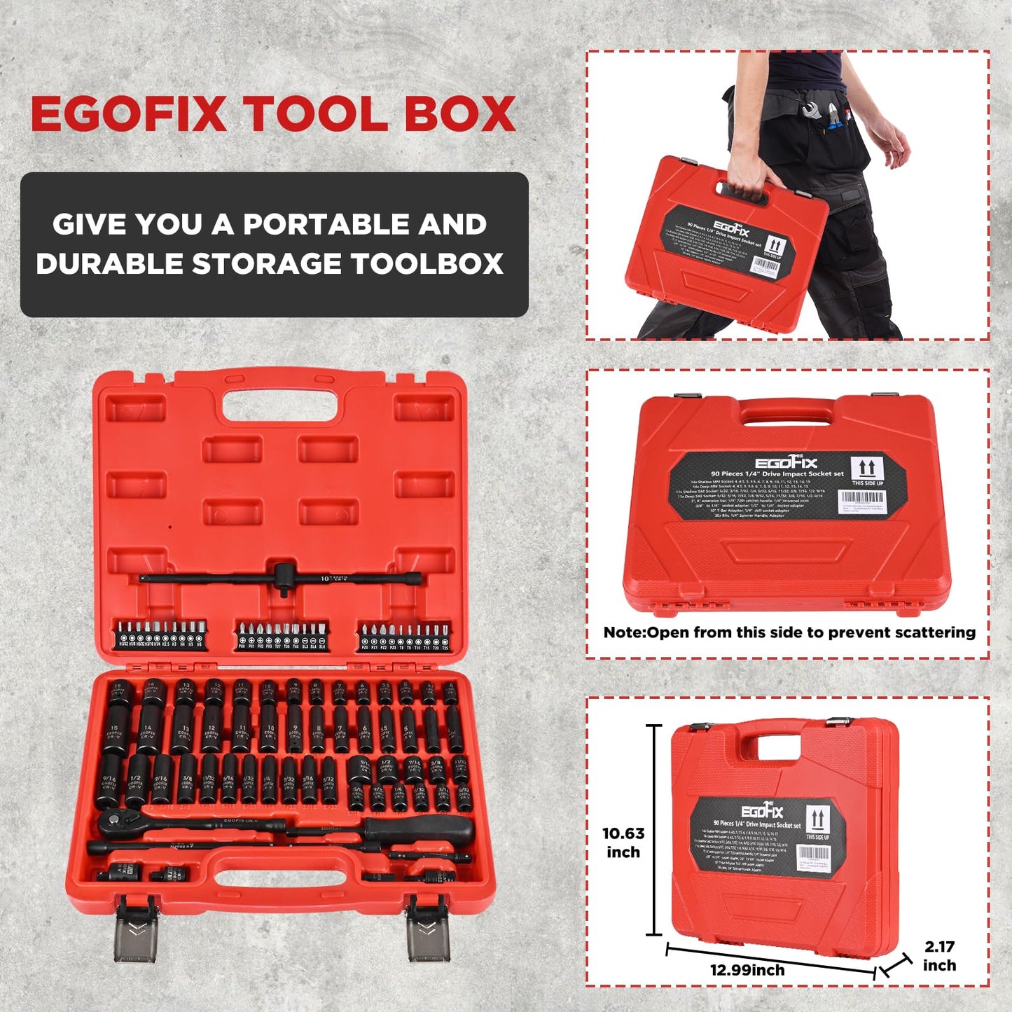 EGOFIX 90PCS 1/4" Drive Impact Socket Set Metric 4-15mm and Standard SAE Size (5/32"-9/16"), with 72-Teeth Ratchet, Screwdriver Bit Set, Mechanics Tool Kit for Home Use and Automotive Repair