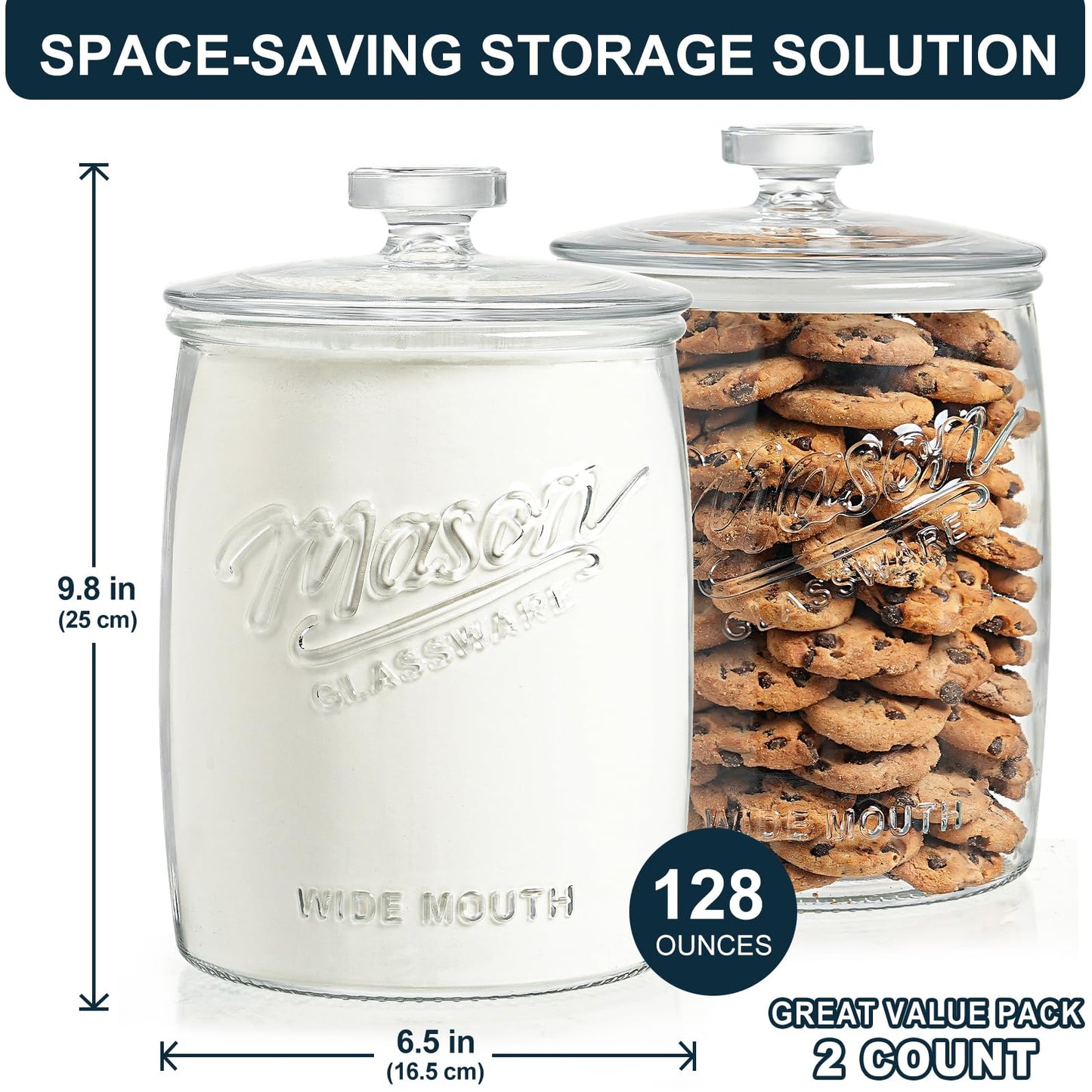 Dwbligt 2 Pack Cookie Jar, 1 Gallon Glass Jar with Airtight Lids - Large Wide Mouth Mason Jar for Kitchen Pantry& Laundry Room, Glass Apothecary Canisters Sets for Candy, Flour, Rice, Coffee, Display