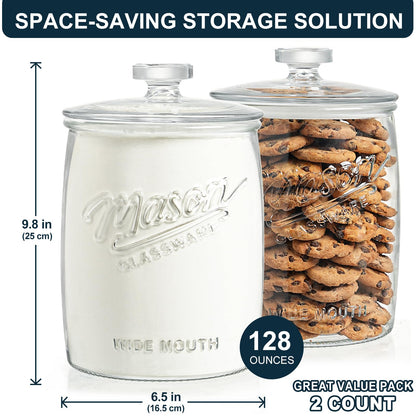 Dwbligt 2 Pack Cookie Jar, 1 Gallon Glass Jar with Airtight Lids - Large Wide Mouth Mason Jar for Kitchen Pantry& Laundry Room, Glass Apothecary Canisters Sets for Candy, Flour, Rice, Coffee, Display