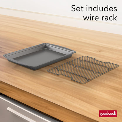 GoodCook 15” x 10.5” Nonstick Carbon Steel Baking Pan & Raised Wire Rack – Pizza Crisper, Crispy Bacon, Multipurpose Cooking Sheet Pan, Cooling Rack, Kitchen Cookware Set, Dishwasher Safe