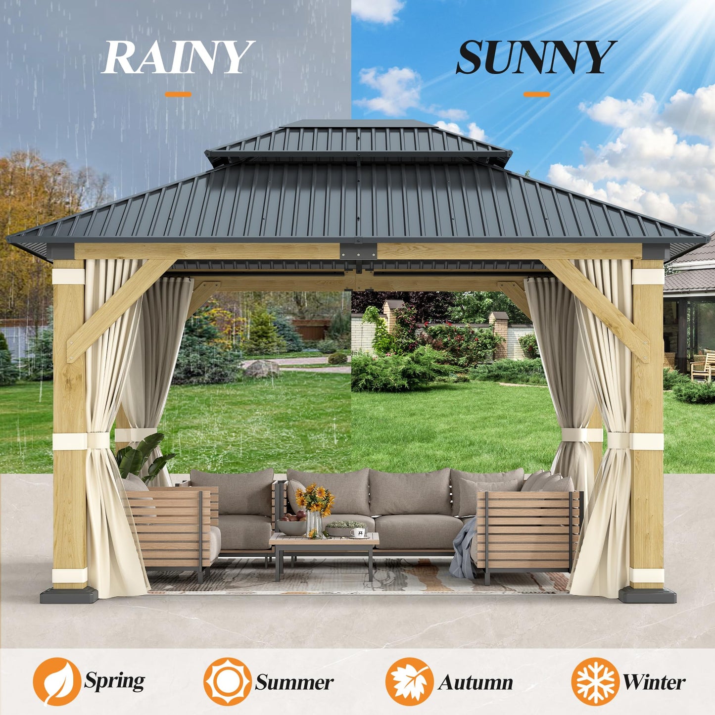 GARTOO 10' x 12' Outdoor Wooden Gazebo - Patio Hardtop Gazebo Permanent Wooden Pavilion with Galvanized Steel Double Roof, Wood Gazebos with Privacy Curtains and Netting for Garden, Lawn, Backyard