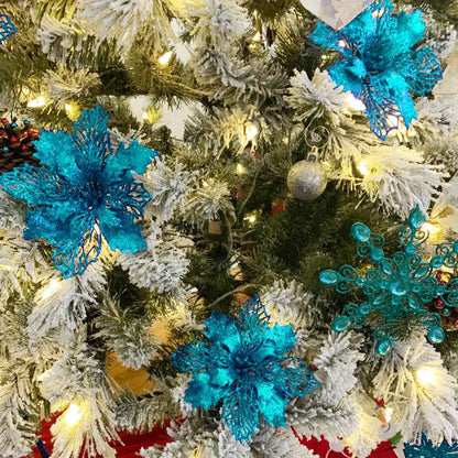 GL-Turelifes 12 Pieces 6.3’’ Glitter Christmas Flowers - Lake Blue Poinsettia Artificial Flower for Wreath and Tree