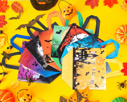 XiaosRen 16Pcs Multifunctional Non-Woven Tote Bags with Handles, Large Reusable Happy Halloween Bags for Gifts, Party Supplies, 12.6x10x6.7