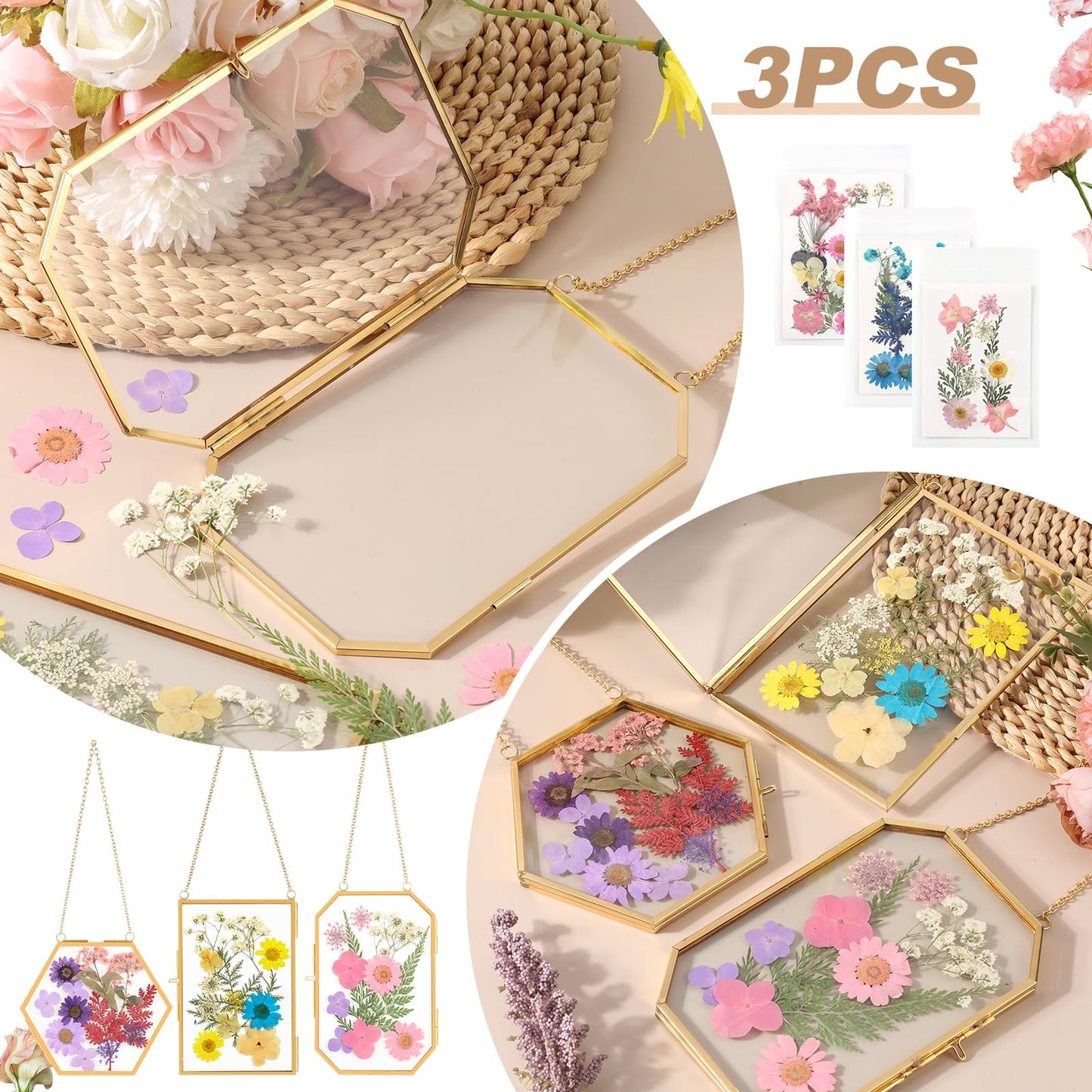 Lujechii 3 Pcs Double Glass for Pressed Flowers,Clear Brass Embossed Frame with Dried Flowers and Tweezers,Can Be Used for Dried Flower Plant Photo Postcards Wall Mounted Glass Pressed Flower Frame
