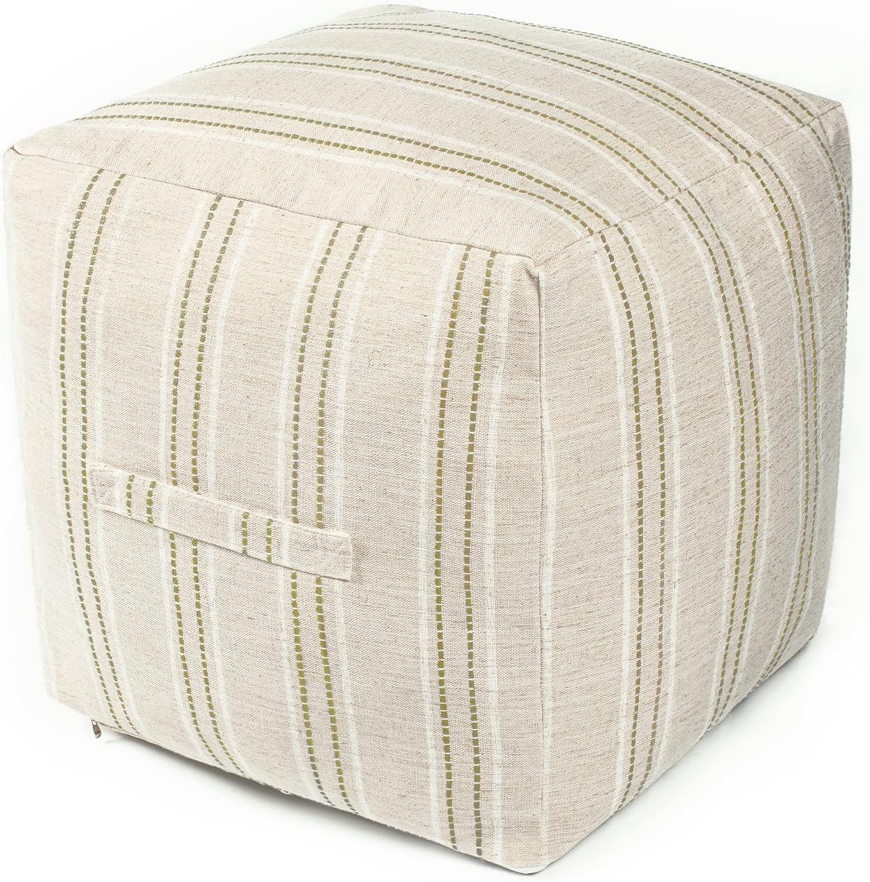 18"x18"x18", AELS Unstuffed Farmhouse Pouf Cover for Living Room, Boho Storage Bean Bag Cubes, Beige with Brown Stitch