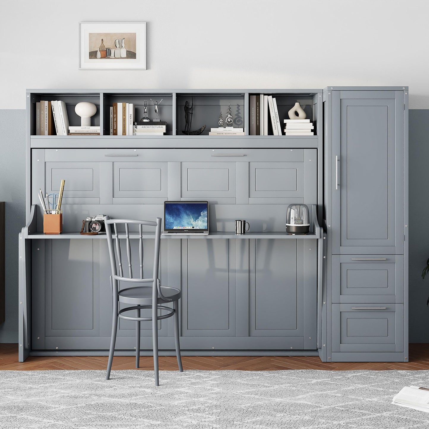 Merax Queen Size Murphy Bed, Wall with Closet and Drawers, Storage Space Saving Muti-Functional Beds Frame for Home Office Guest Room, Gray