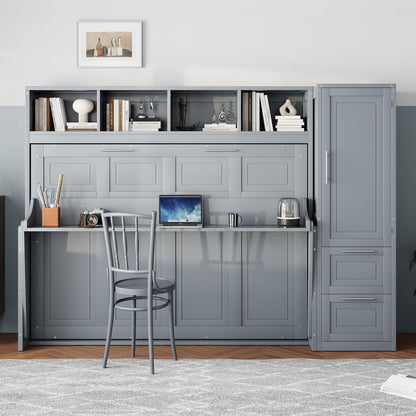 Merax Queen Size Murphy Bed, Wall with Closet and Drawers, Storage Space Saving Muti-Functional Beds Frame for Home Office Guest Room, Gray