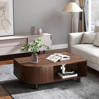 sunmiler Mid-Century Modern 39.4" Coffee Table - Leaf-Shaped Wood Center Table with Storage, Retro Fluted Central Table with Sliding Door for Living Room, Office, Walnut