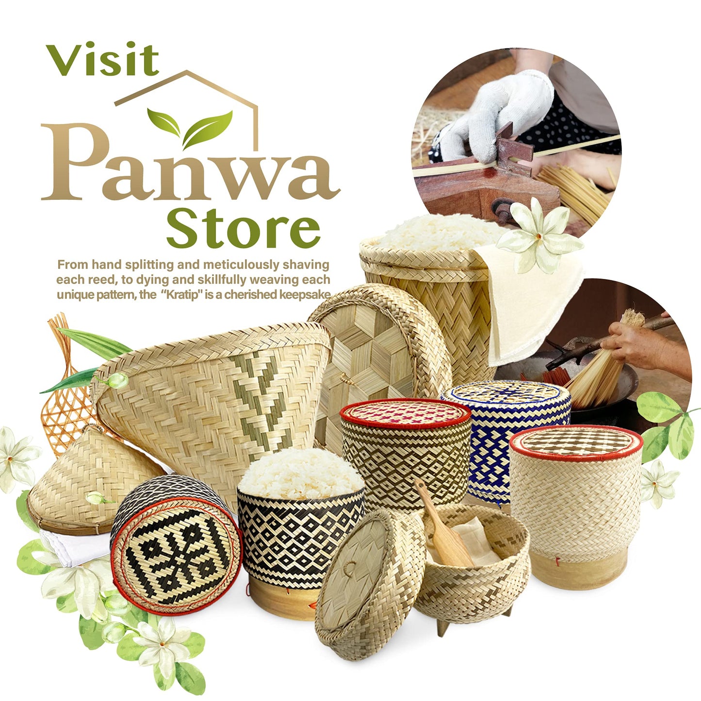 PANWA Bamboo Sticky Rice Serving Basket Thai Kratip Container 100% Handmade Traditional Village Handicrafts with Vegetable Plant Based Dye Coloring Shades Food Safe (Charcoal)