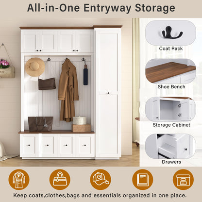 Merax 78.7''H Hall Tree with Storage Bench, Modern Entryway Bench with Coat Rack, 5-in-1 Hall Tree with Cabinets, Drawers & Hooks for Hallway, Entryway, Living Room, Mudroom, White