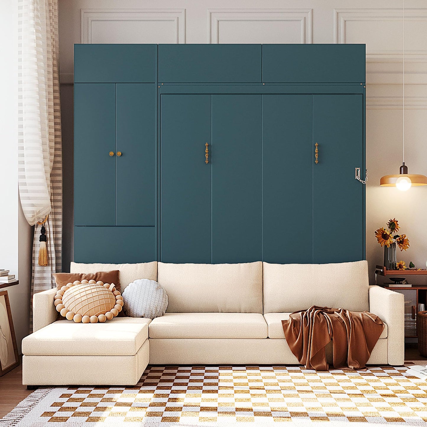 DNYN Queen Size Murphy Bed with Cabinet and Sofa Design for Bedroom/Guest Room, Space-Saving Foldable Wall Bed Frame with Multi-Layer Shelves, No Box Spring Needed