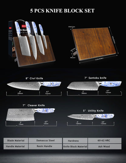SHANGDAO Damascus Kitchen Knife Set with Magnetic Knife Block, 5 PCS Razor Sharp Kitchen Knives Made of Japanese Damascus Steelwith Block, Full Tang Ergonomic Resin Handle Chef Knife With Gift Box