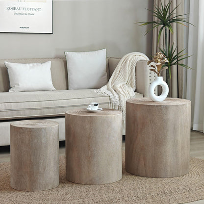 KEIKI Round Coffee Table Set of 3, Modern Wood Nesting Coffee Table with Tree Rings Texture for Living Room, Natural