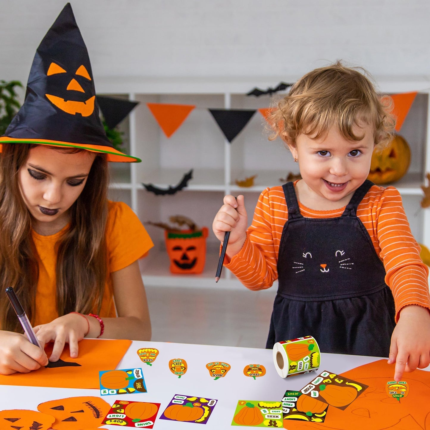 Haooryx Pumpkin Religious Sticker Roll - 300Pcs Make A Autumn Halloween Pumpkin Face Stickers Self Adhesive Waterproof Vinyl Water Bottle Page Activity Pad Fall Party Favor Scrapbook DIY Church Event