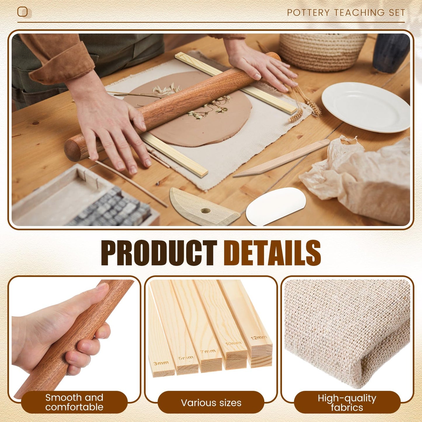 Baderke 20 Pcs Pottery Teaching Set, Includes 1 Wooden Rolling Pin, 10 Pottery Teaching Rolling Mud Stick Guide, 8 Clay Sculpting Tools, 1 Special Linen for Ceramic Clay Making