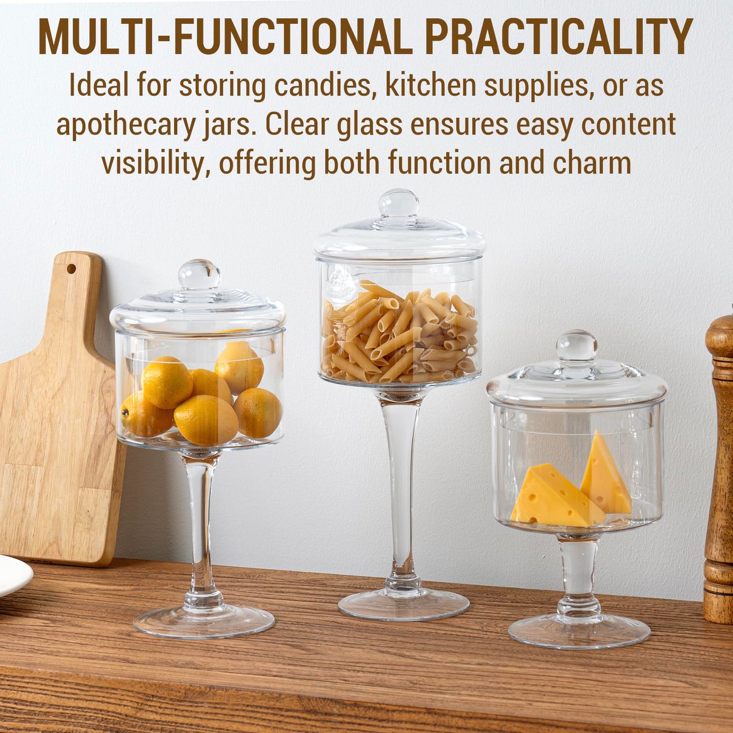 MyGift 3-Piece Clear Glass Apothecary Candy Jar Set with Lids – Decorative Party Display Containers for Wedding Centerpieces, Dessert Tables, Kitchen Counter Storage, and Bathroom Décor