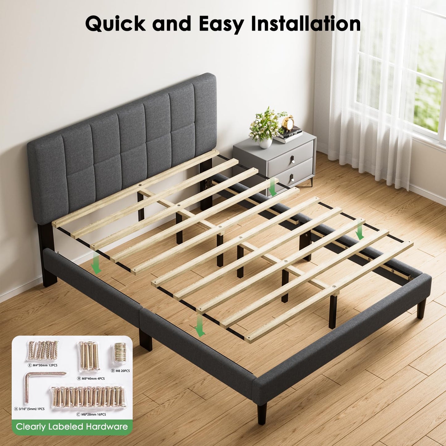 Marsail Full Size Bed Frame with Headboard, Sturdy and Durable with 12 Support Legs, 1300 lbs Capacity, Solid Wooden Upholstered Adjustable Headboard for 6"-12" Mattresses, Easy Assembly,Dark Gray