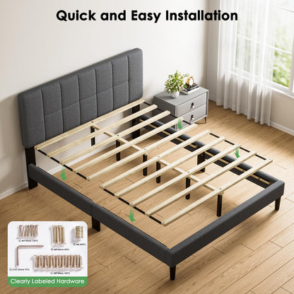Marsail Full Size Bed Frame with Headboard, Sturdy and Durable with 12 Support Legs, 1300 lbs Capacity, Solid Wooden Upholstered Adjustable Headboard for 6"-12" Mattresses, Easy Assembly,Dark Gray