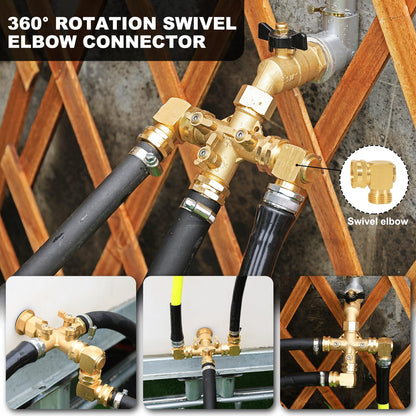 YELUN Garden Hose Splitter High Flow Splitter with Swivel elbow Connect Brass Hose Splitter with Shut Off Valves 3 way Hose Bib Adapter (with Swivel elbow)