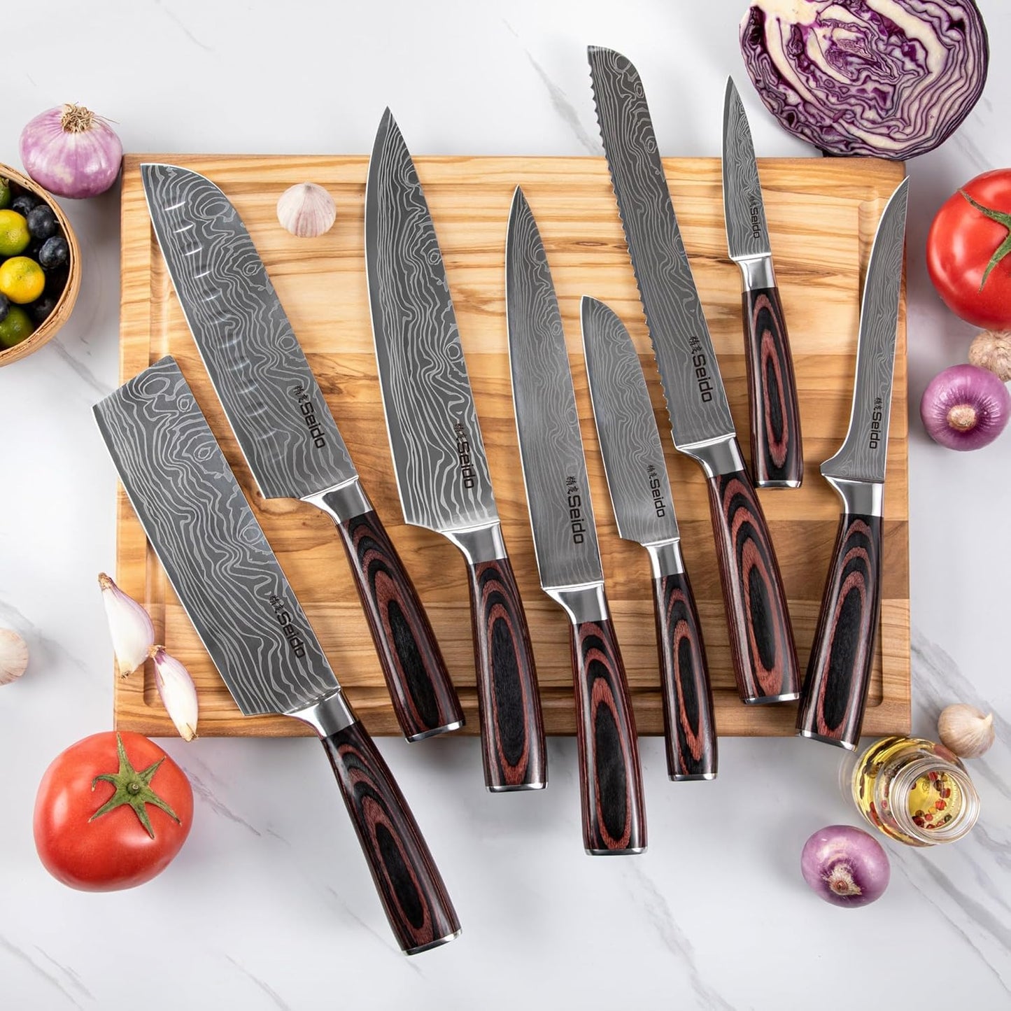 17-Piece Master Chef Knife Block Set – Damascus Steel & Acacia Wood Block
