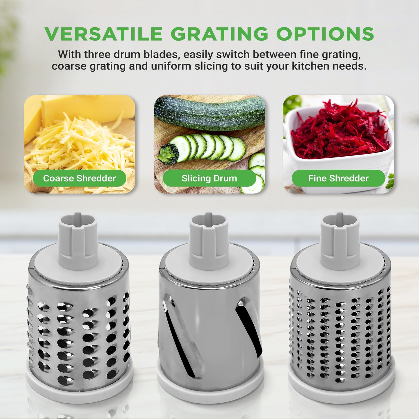 Nutrichef 3 in 1 Cheese Grater & Shredder | Strong Suction Base, Rotary Handle with Safety Lock | Includes Cleaning Brush, Hand Crank & 3 Drum Blades for 3 Textures, Fine, Medium & Strips | Red