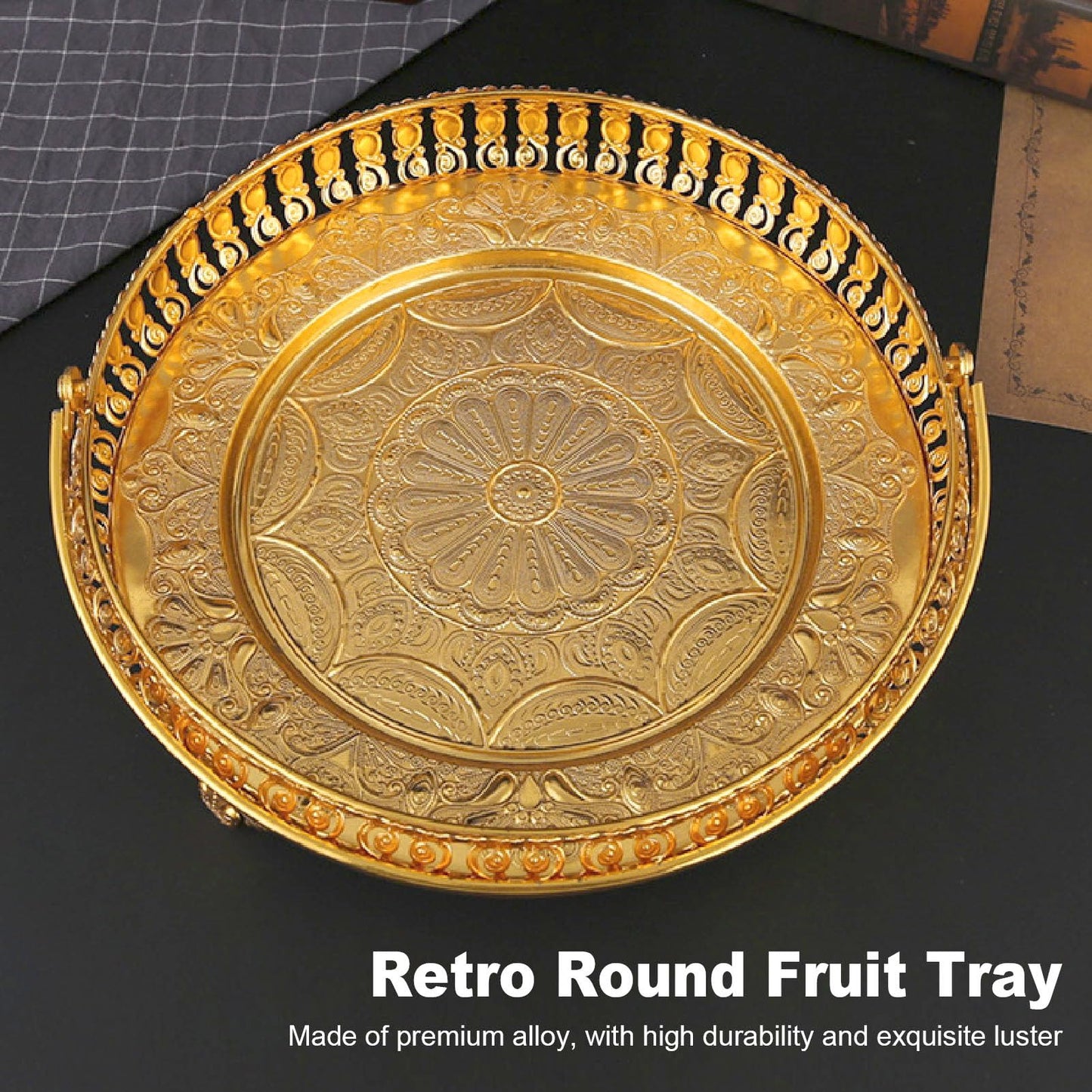 Retro Round Fruit Tray Exquisite Decorative Large Capacity Alloy Dessert Plate Golden Zinc Alloy Fruit Trays for Parties with Handle Decorative Serving Tray for Party Home Bar Cafe