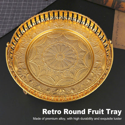 Retro Round Fruit Tray Exquisite Decorative Large Capacity Alloy Dessert Plate Golden Zinc Alloy Fruit Trays for Parties with Handle Decorative Serving Tray for Party Home Bar Cafe