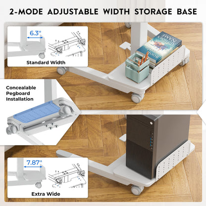 BONTEC Mobile Standing Desk Adjustable Height, Rolling Laptop Cart with Storage Shelf, Hooks, Portable Workstation with Pneumatic Lift, Ergonomic Compact Home Office Desk, White 23.6" x 20.5"