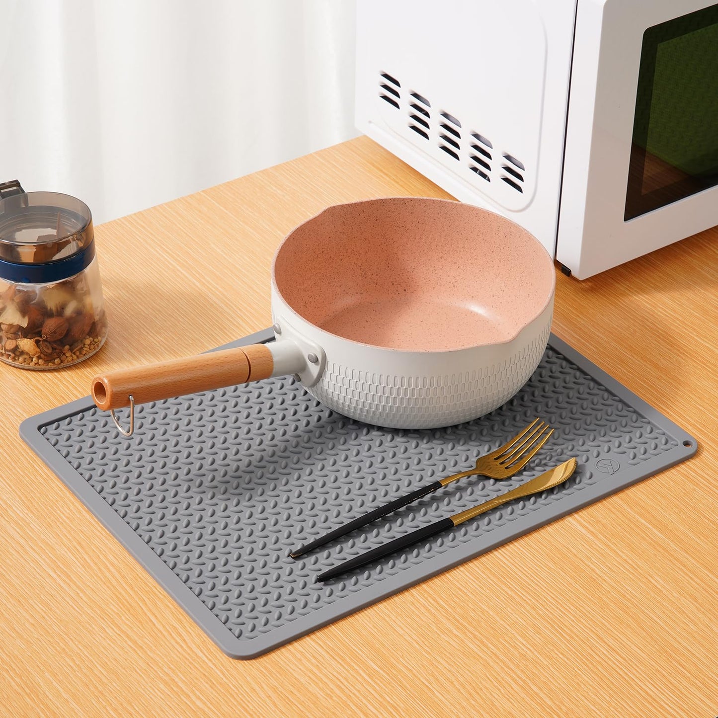 Silicone Drying Mat & Heat Resistant Mat for Kitchen Counter, Non-Slip Dishwasher Safe, Raised Edge for Dishes Bottles Sink (15.35x11.61in, Gery)