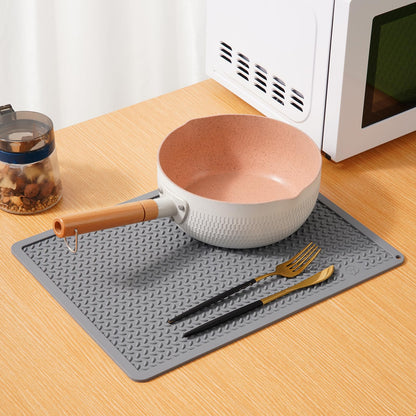 Silicone Drying Mat & Heat Resistant Mat for Kitchen Counter, Non-Slip Dishwasher Safe, Raised Edge for Dishes Bottles Sink (15.35x11.61in, Gery)