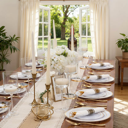 WDF Partyware 350Piece Gold Dinnerware Set for 50 Guests - Gold Plastic Plates with Disposable Cutlery - 50Dinner Plates-50Dessert Plates-50Pre Rolled Napkins with Silverware for Wedding/Mother's Day
