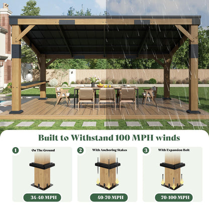 AMERLIFE 10x14 FT Spruce Wood Grill Gazebo with Bar Shelf, Hardtop BBQ Pavilion with Sloped Galvanized Steel Roof, Lean-to Outdoor Pergola for Deck, Backyard, Garden